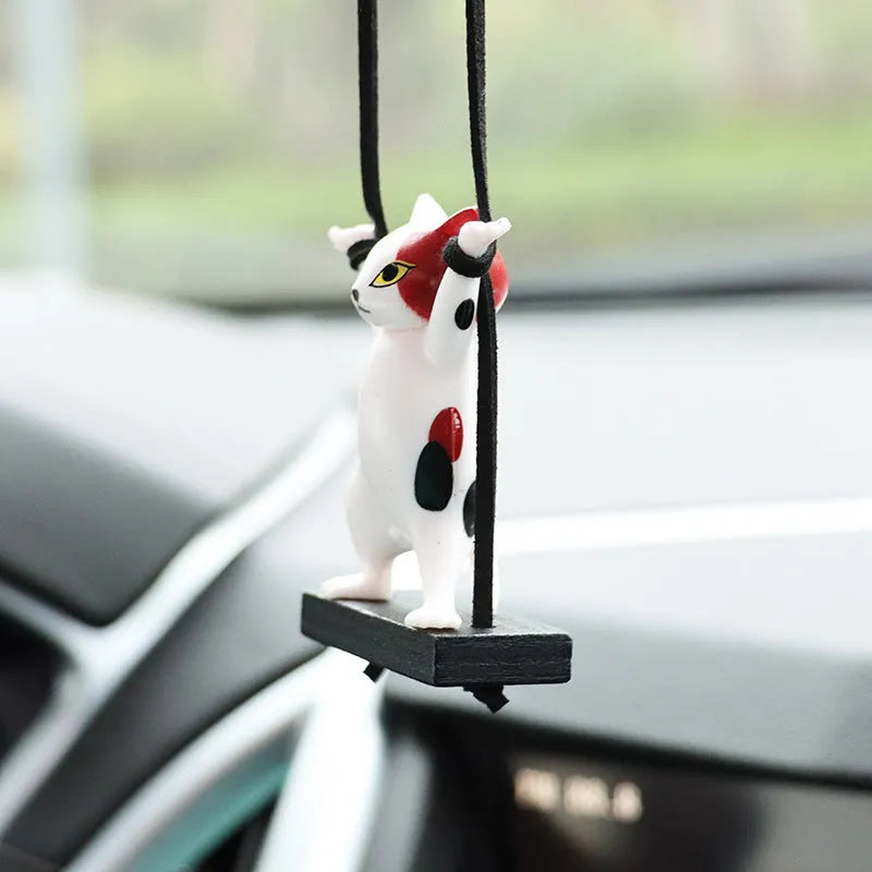 Cartoon resin cat pendant for car interior with adjustable rope in five colour options