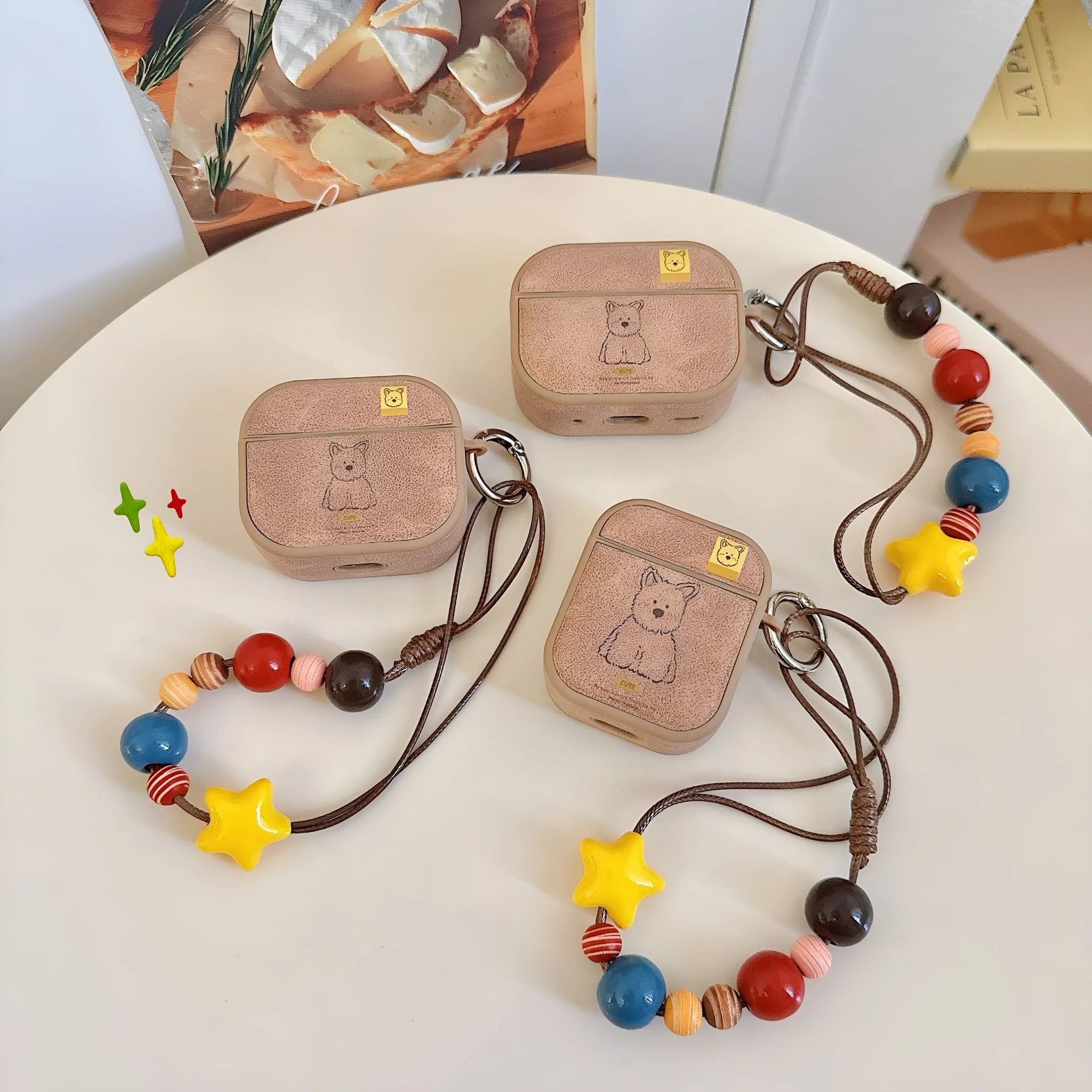 Brown dog magnetic TPU earphone sleeves for AirPods cases showing all-in-one design with lanyard clip