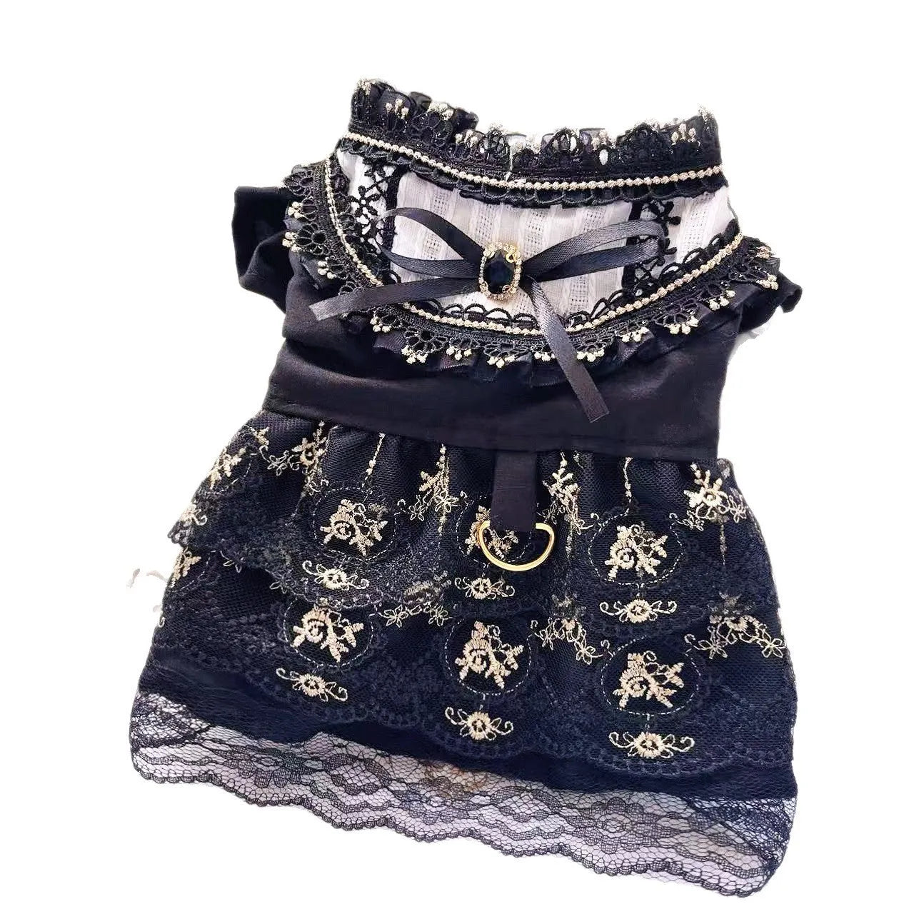 Golden gothic-style princess skirt costume for a small dog or cat.