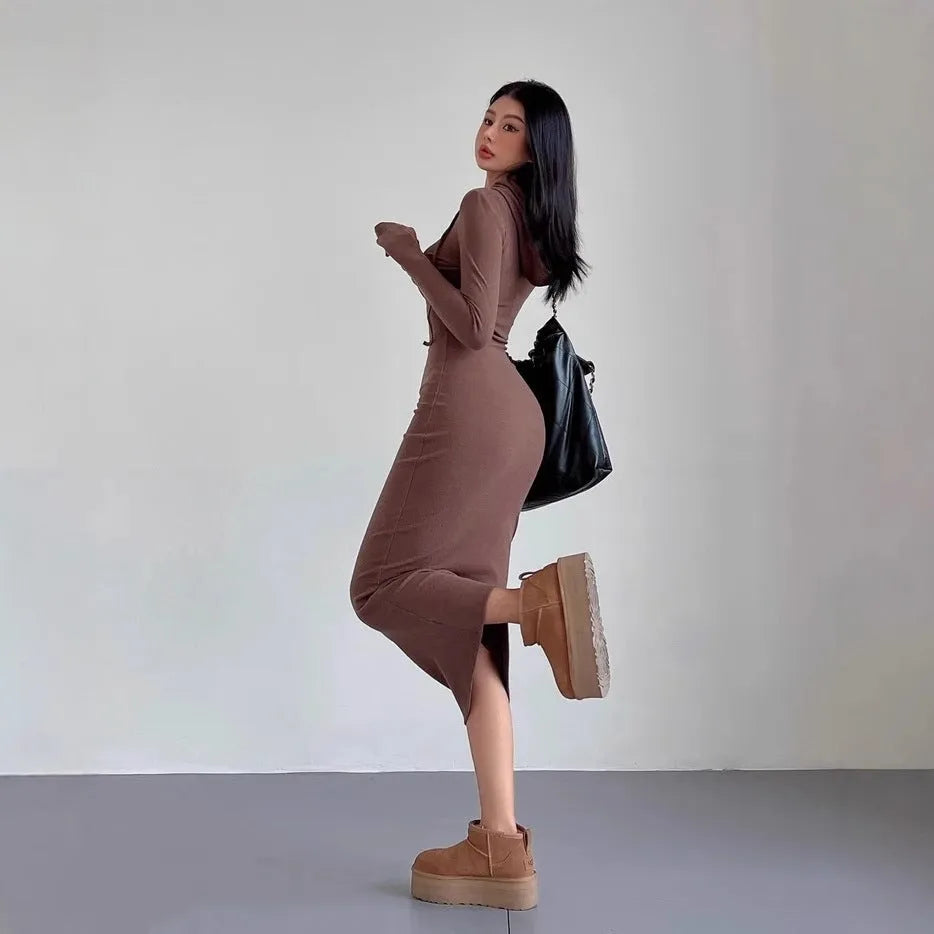 Women's grey hooded sheath dress with long sleeves and high waist