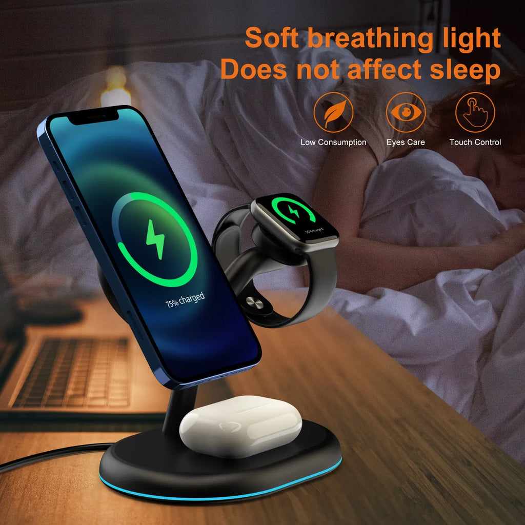 Black three-in-one magnetic wireless charger with a simplistic design on a table.