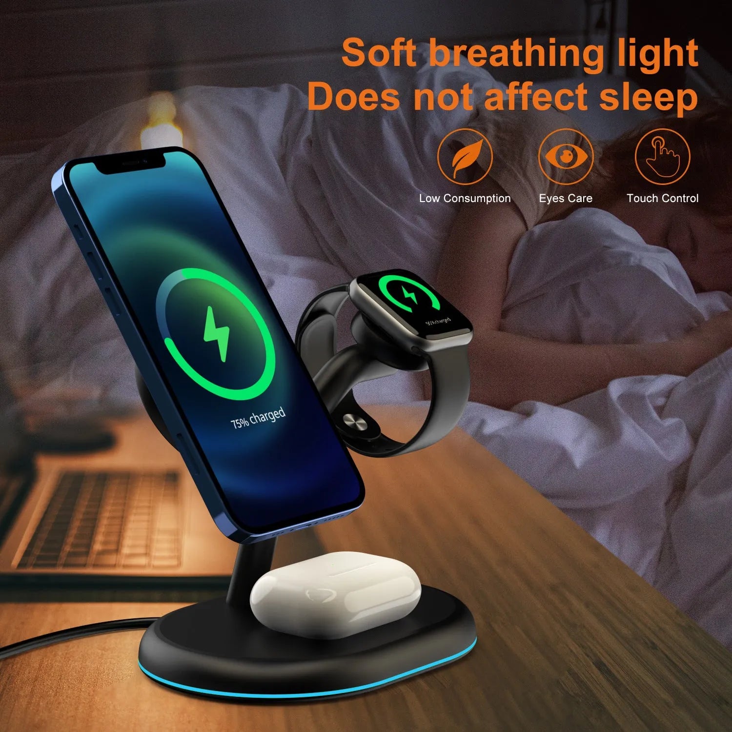 Black three-in-one magnetic wireless charger with a simplistic design on a table.