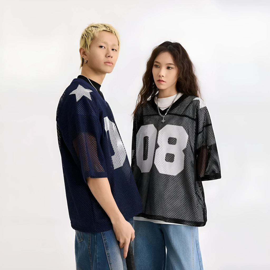 Black polyester pullover shirt with white letter print pattern, loose fit design