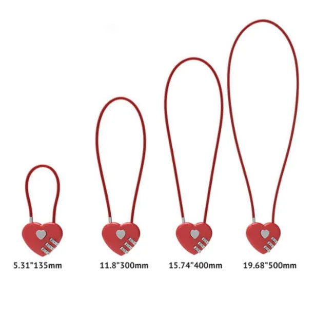 Peach heart-shaped cable lock with a long steel rope, shown in various colours including red, blue, and gold.