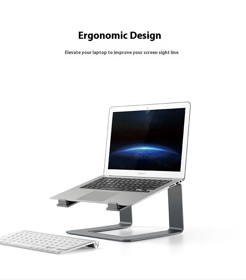 Black aluminium alloy laptop stand on desk with laptop elevated