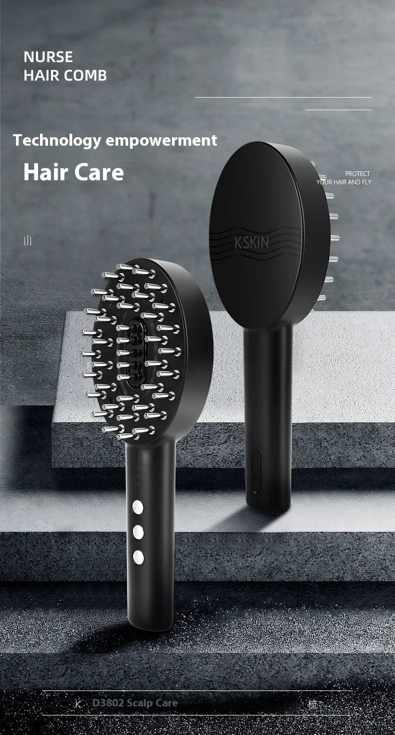 Black handheld rechargeable scalp massager and treatment applicator device with USB cable.