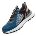 Blue men's safety work shoes with plastic toe cap and breathable mesh upper
