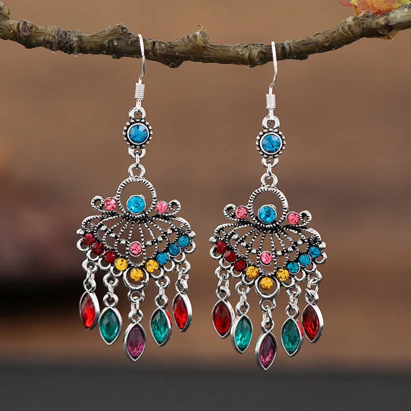 Retro court crystal drop earrings with long purple fringe in ethnic style