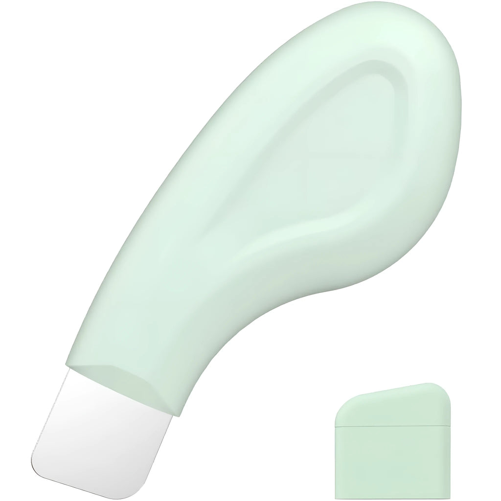 Green stainless steel facial blackhead scraper tool with a silicone non-slip handle.