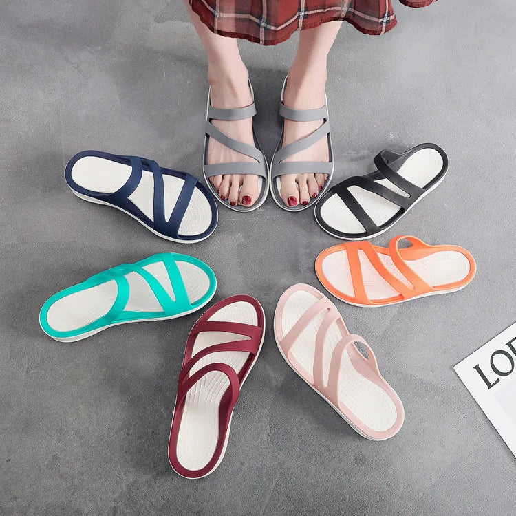 Women's solid colour beach sandals with PP upper material in red, purple, blue, black, grey, or pink options