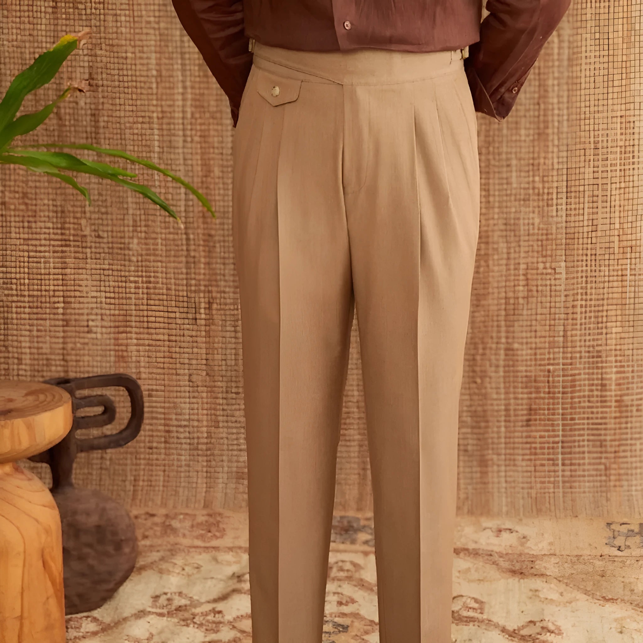 Men's slim fit straight leg business trousers in dark grey, light brown, or light apricot wrinkle-resistant polyester fabric