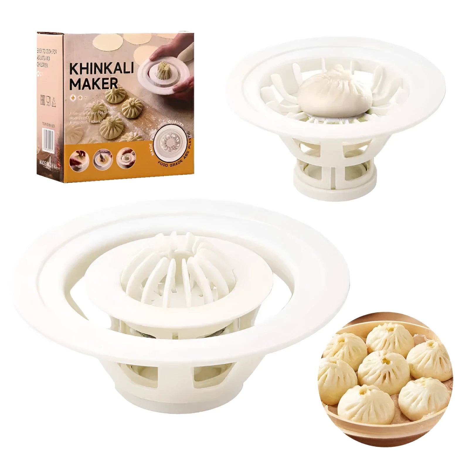Four black plastic steamed bun moulds for shaping baozi, dumplings, and shumai