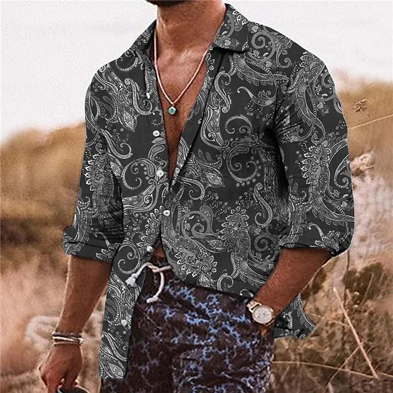 Man wearing a loose fit long sleeve shirt with a detailed 3D flower pattern print