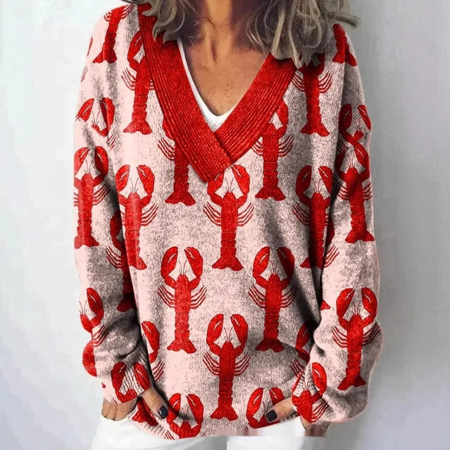 Women's floral printed sweatshirt with 3D pattern effect, V-neck pullover style in wool woven polyester fabric