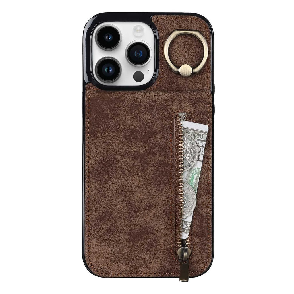 Vintage ring zipper card anti-theft swiping phone case in black, with bracket and lanyard, for iPhone