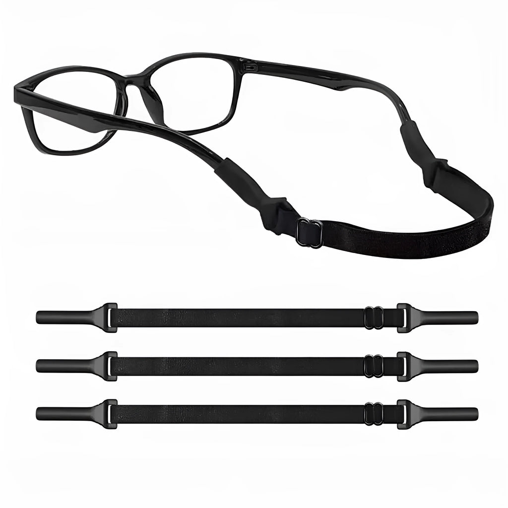 Black adjustable glasses cord with silicone earpieces and fibre rope in adult and children's sizes