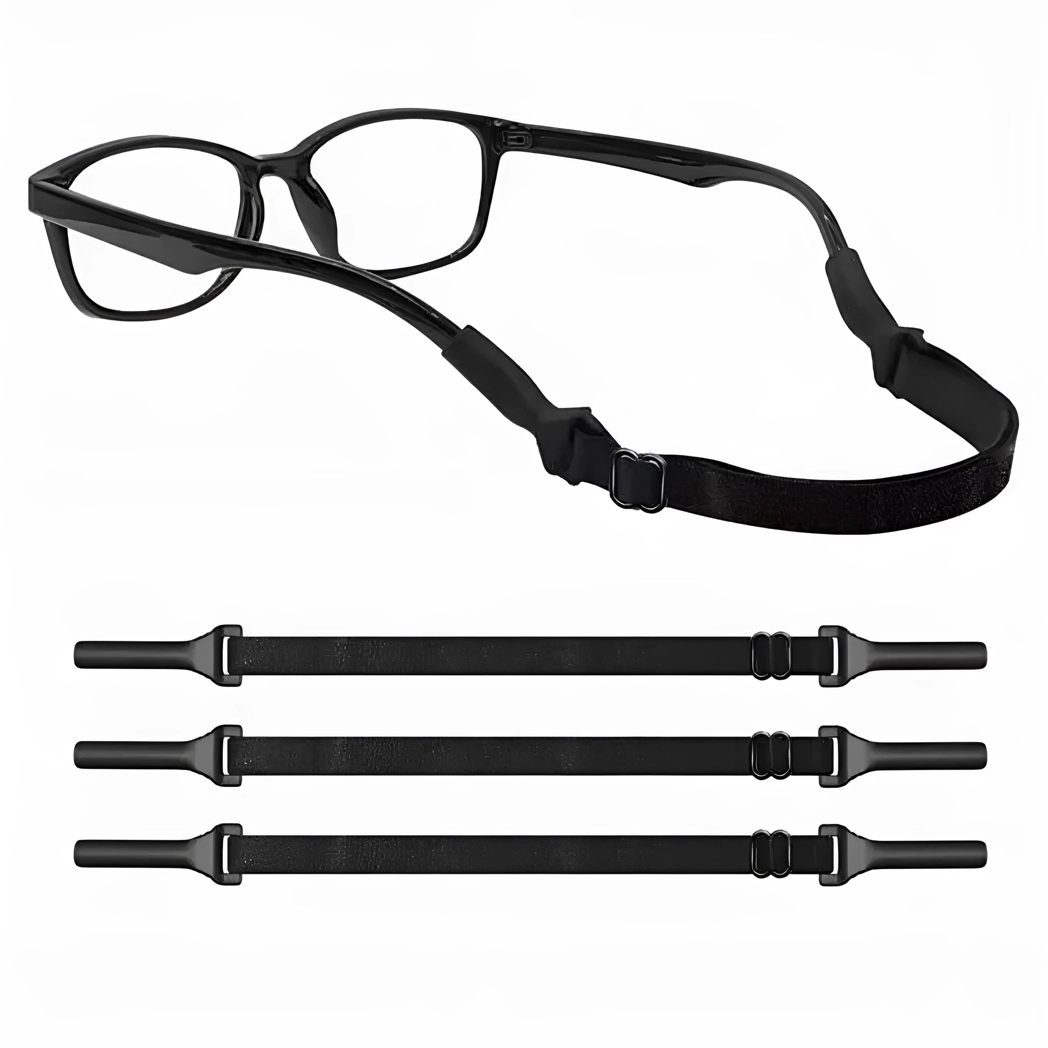 Black adjustable glasses cord with silicone earpieces and fibre rope in adult and children's sizes