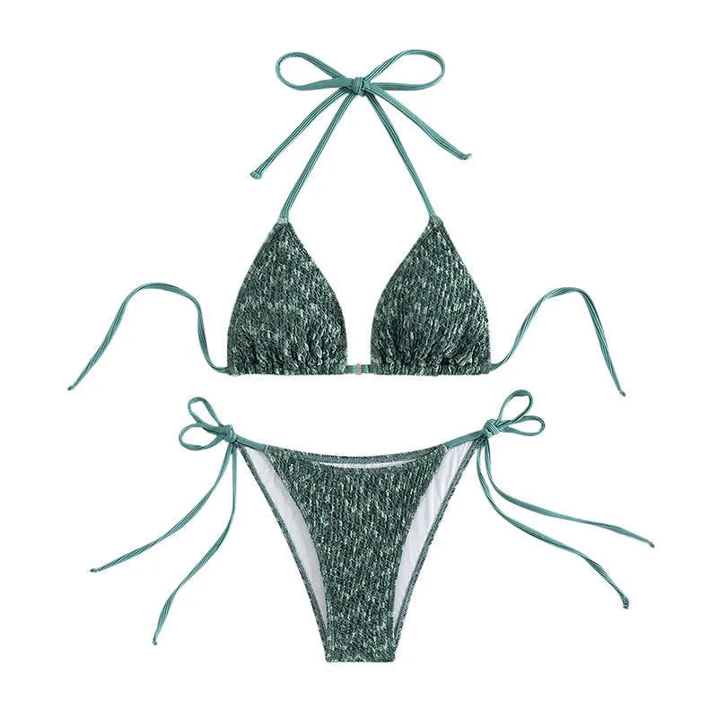 Women's green halter strap backless bikini set with matching shorts