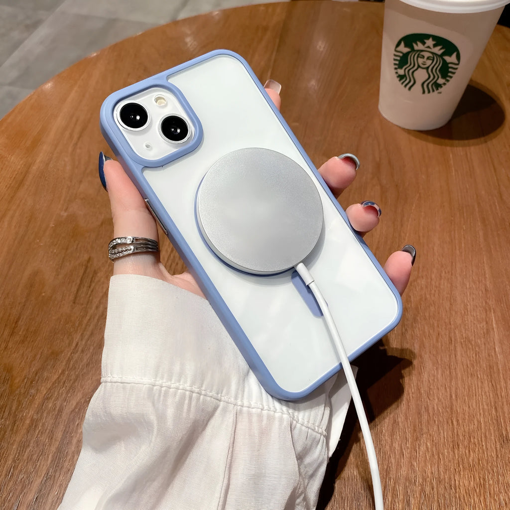 Transparent acrylic MagSafe phone case for iPhone with magnetic suction in multiple colour options