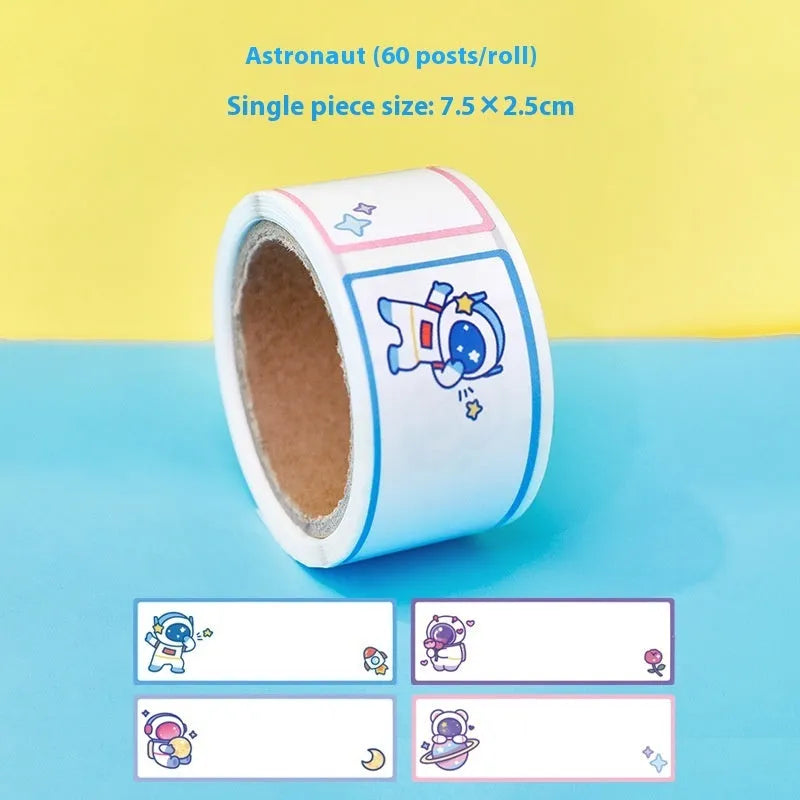 Roll of cartoon name tape stickers showing dinosaur, astronaut, rabbit, and girl designs.