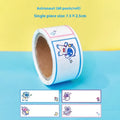Roll of cartoon name tape stickers showing dinosaur, astronaut, rabbit, and girl designs.