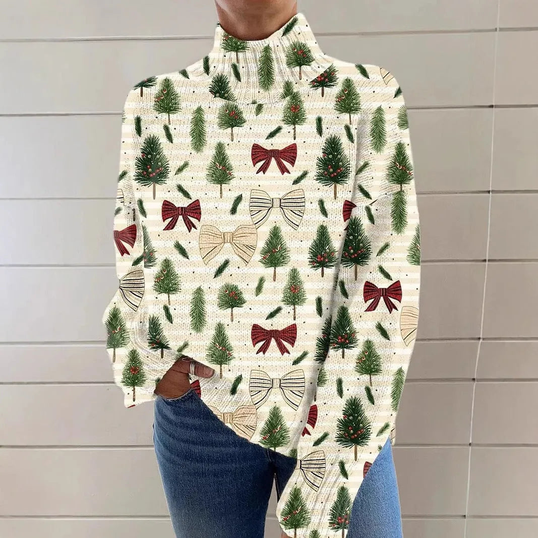 Women's printed turtleneck sweater with painting pattern in macaron colours, loose fit with long sleeves