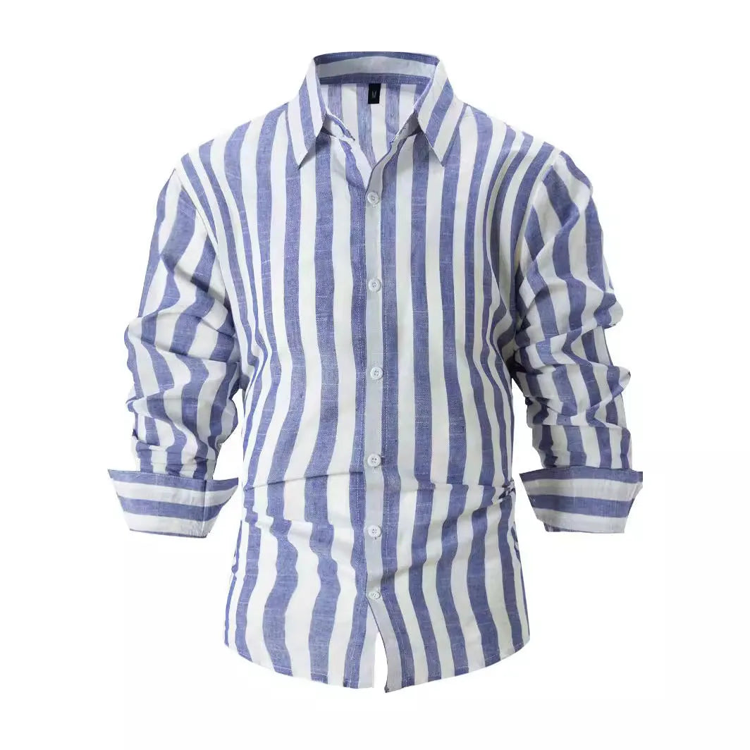 Men's yarn-dyed striped loose fit long-sleeved shirt in British style cardigan cut