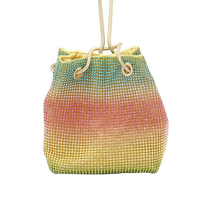 Rhinestone rainbow bucket diamond bag in soft fabric with colour options for evening accessories