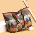 Women's large capacity PVC shoulder handbag with sandwich pockets in blue brown colour