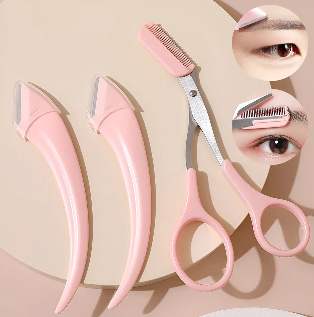 Curved moon eyebrow trimming knife with comb attachment in stainless steel and plastic