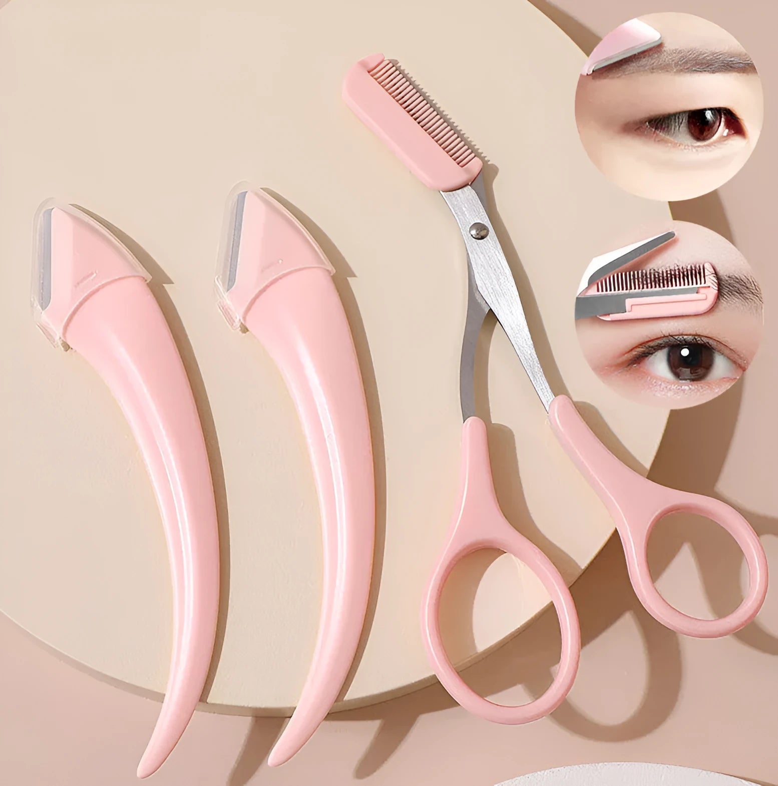 Curved moon eyebrow trimming knife with comb attachment in stainless steel and plastic