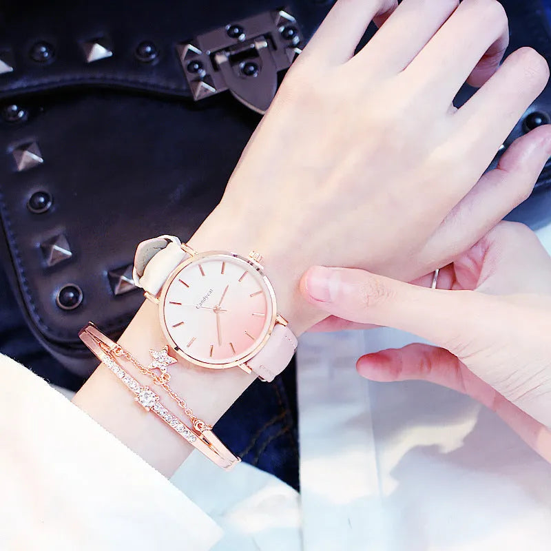 Women's fashion gradient belt quartz watch and bracelet set with 3.8cm dial in pink blue purple