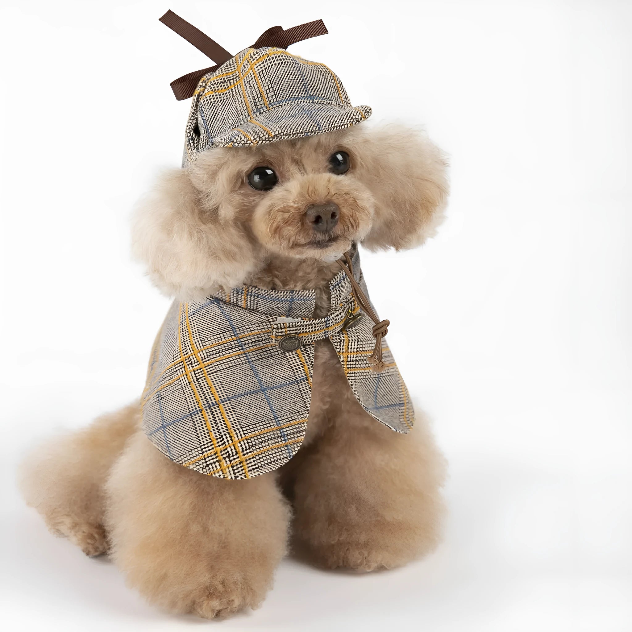 Camel-coloured cotton detective cloak for a dog on a mannequin, showing the hood with adjustable hat.