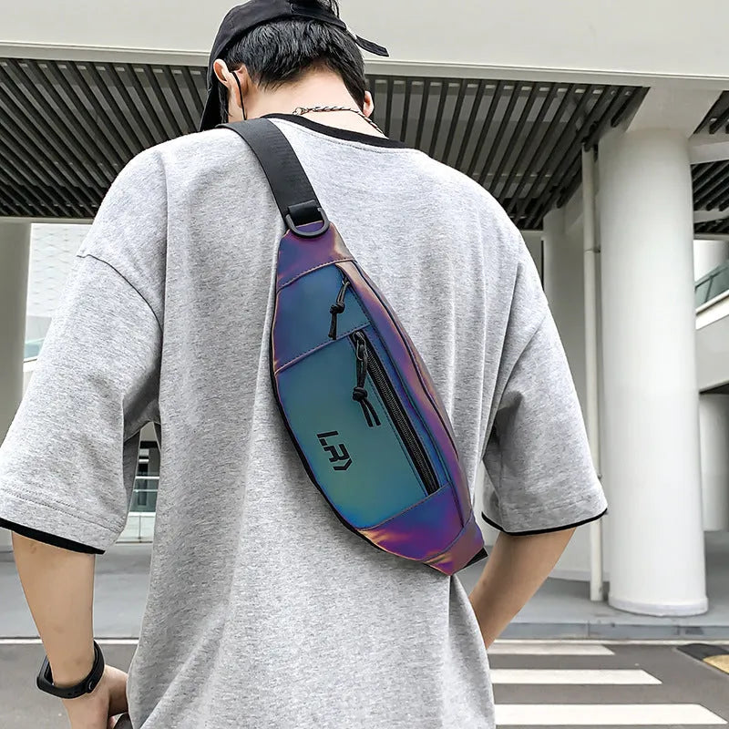 Blue reflective crossbody cycling shoulder bag with an open pocket and soft handle.