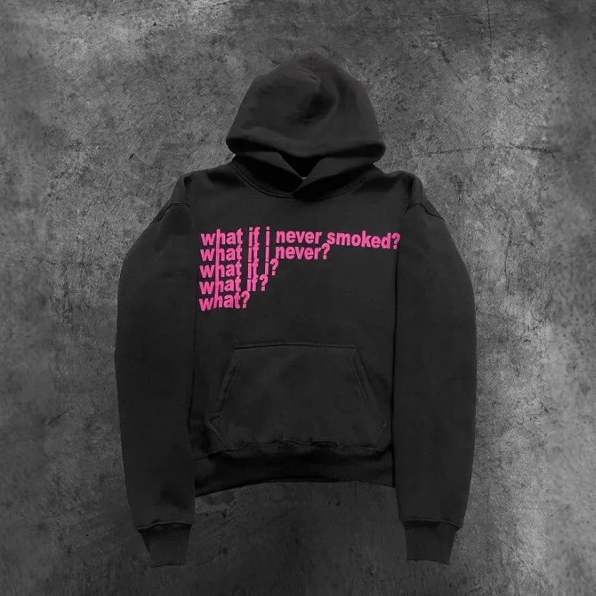 Black hooded sweater with white letter print pattern showing front view with hood up