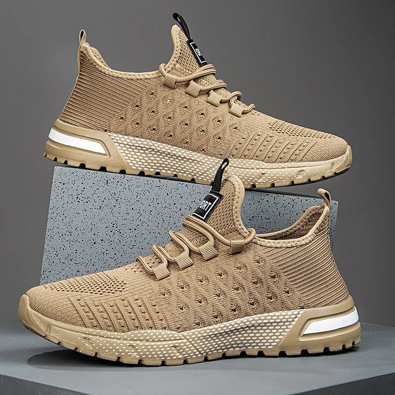Men's casual shoes in mesh material shown in army green, black, white, light grey, dark grey and khaki colour options.