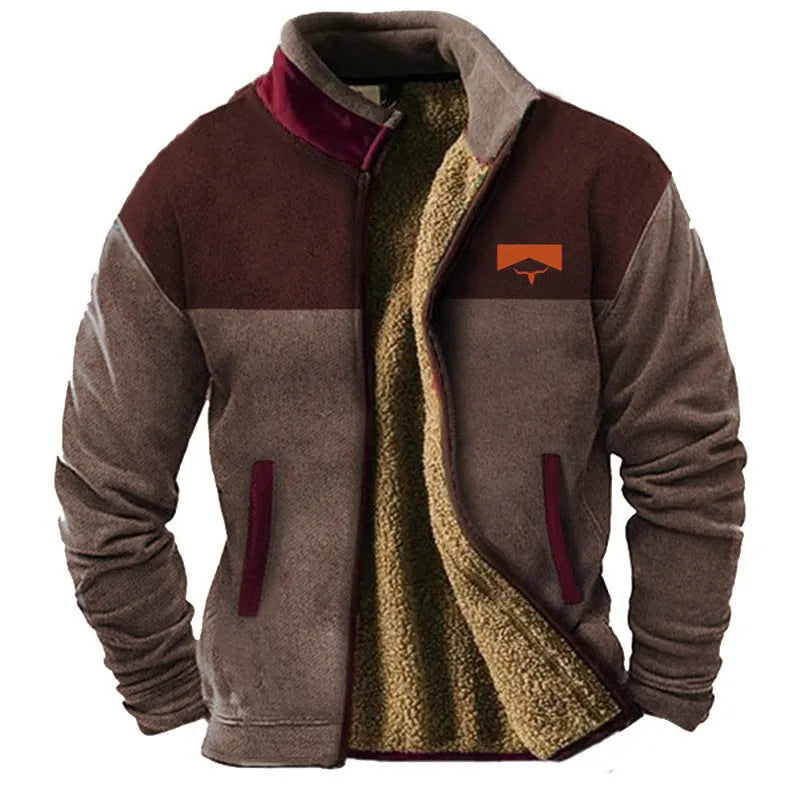 Men's padded fleece coat in polyester fibre available in sizes S to 5XL including blue, green and light brown colour options.