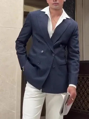 Men's striped double breasted blazer in regular length and fit