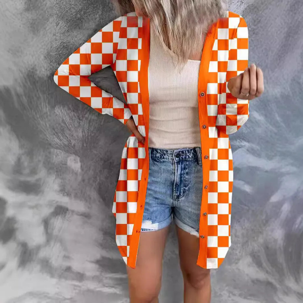 Women's long grey plaid knitted cardigan with contrast colour pattern and regular sleeves