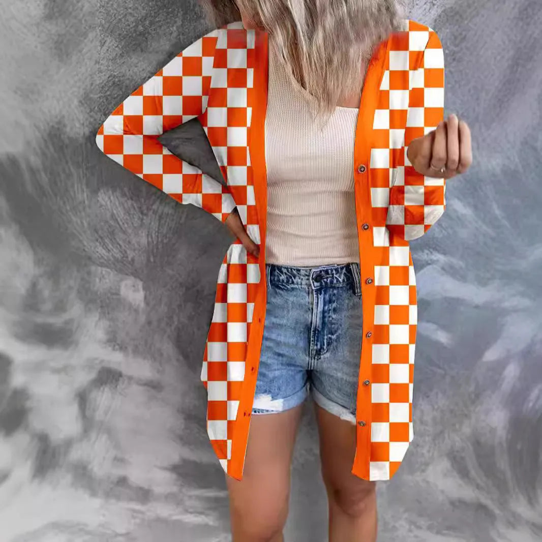 Women's long grey plaid knitted cardigan with contrast colour pattern and regular sleeves