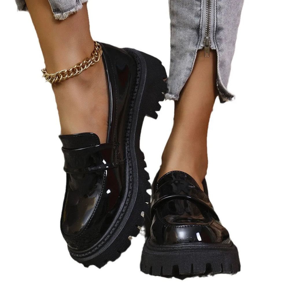 Plus size women's slip-on loafers with chunky platform heel in black, wine red, or green colours