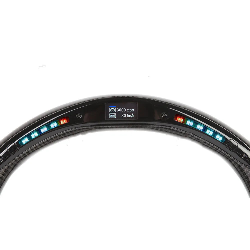 Black carbon fibre BMW steering wheel with LED elements and paddle shifters