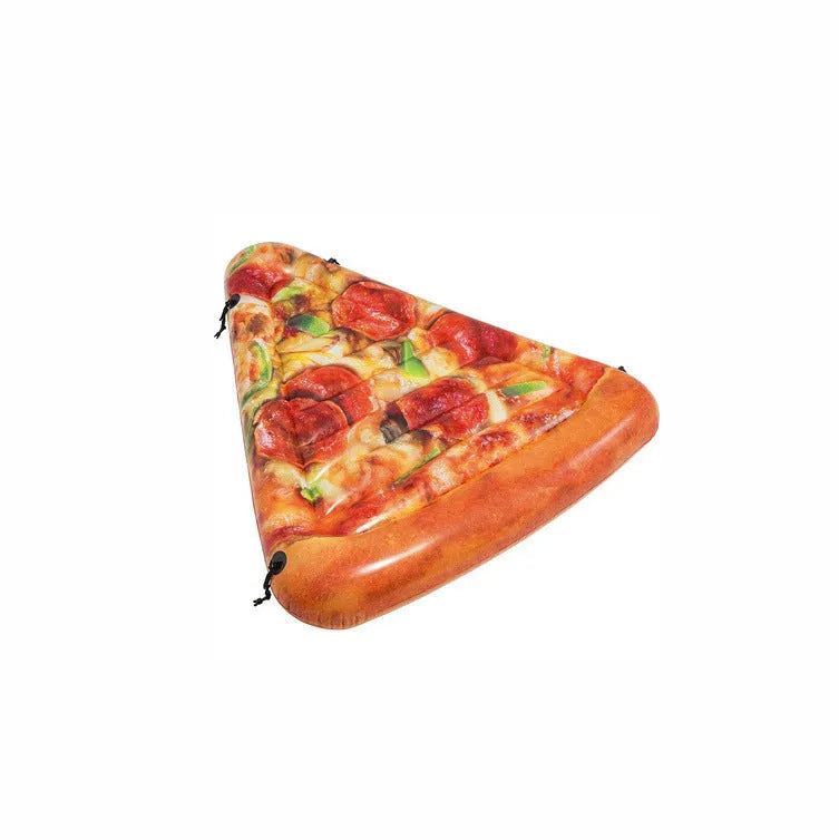 Inflatable pizza float surfboard recliner with vibrant slice design floating on water