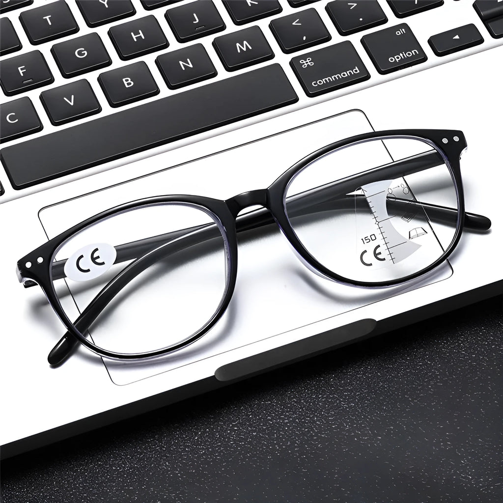A pair of women's ultra-light multi-focus presbyopic reading glasses with a choice of frame colours.