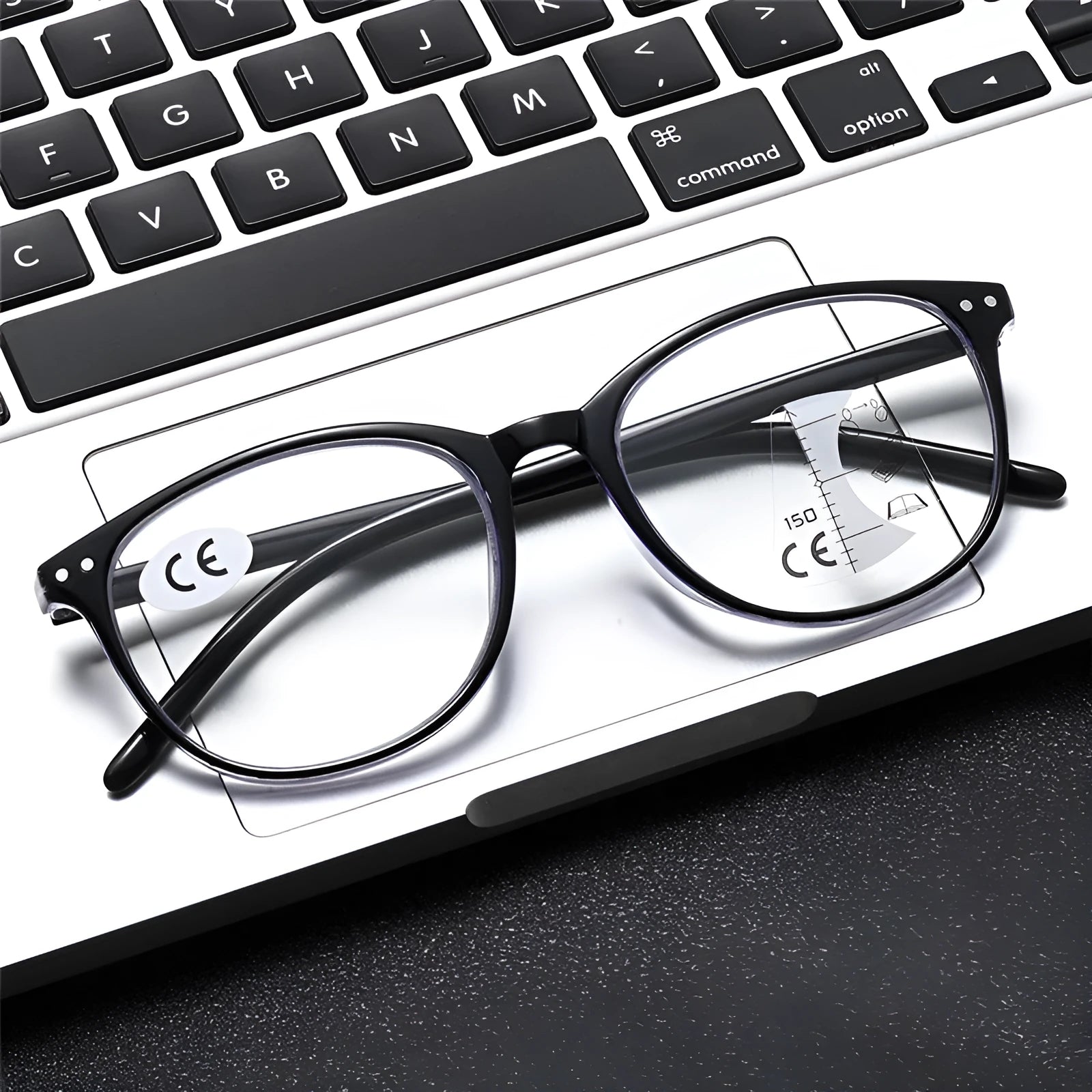 A pair of women's ultra-light multi-focus presbyopic reading glasses with a choice of frame colours.