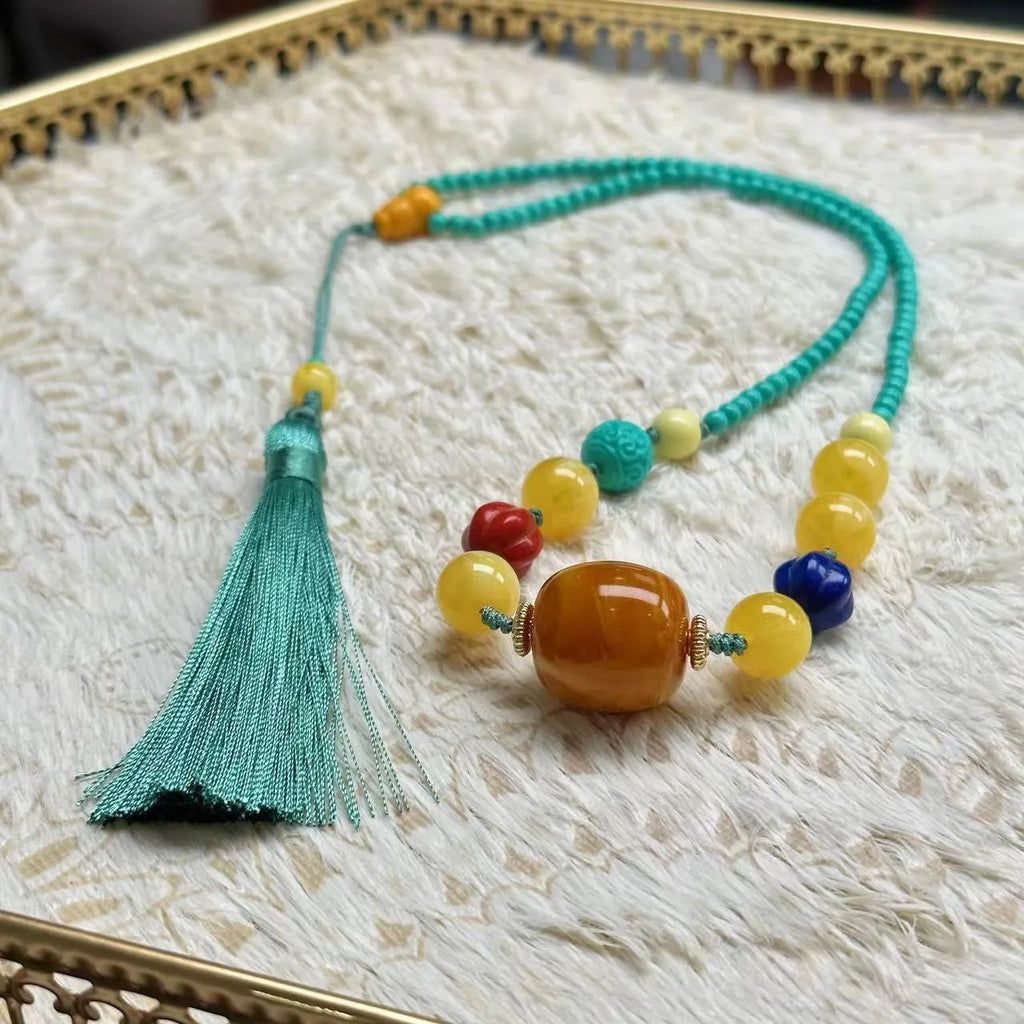 Turquoise stone mesh flower lucky pendant necklace on ball bead chain with adjustable length