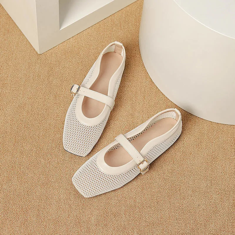 Women's low-heel mesh pump shoe in beige colour with a buckle closure and square toe.