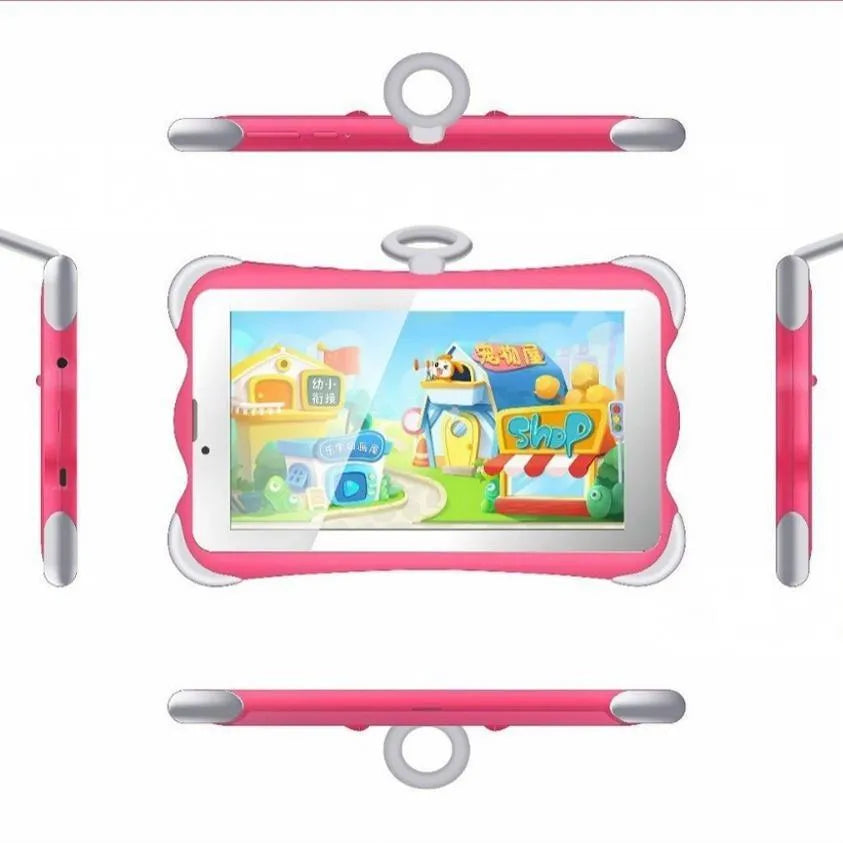 7-inch children's learning tablet in cartoon colours with stand, showing 3G calling and Bluetooth features