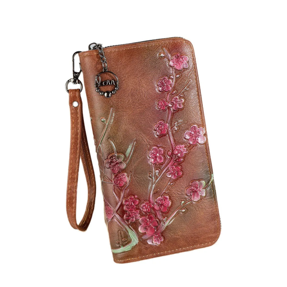 Embossed hand-painted Chinese style floral pattern handbag with zipper closure in black, brown or coffee colour