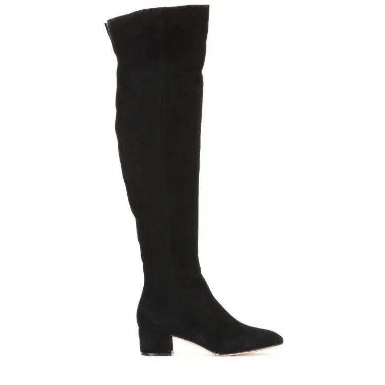 Grey suede women's flat over-the-knee boots with a pointed toe and low thick heel.